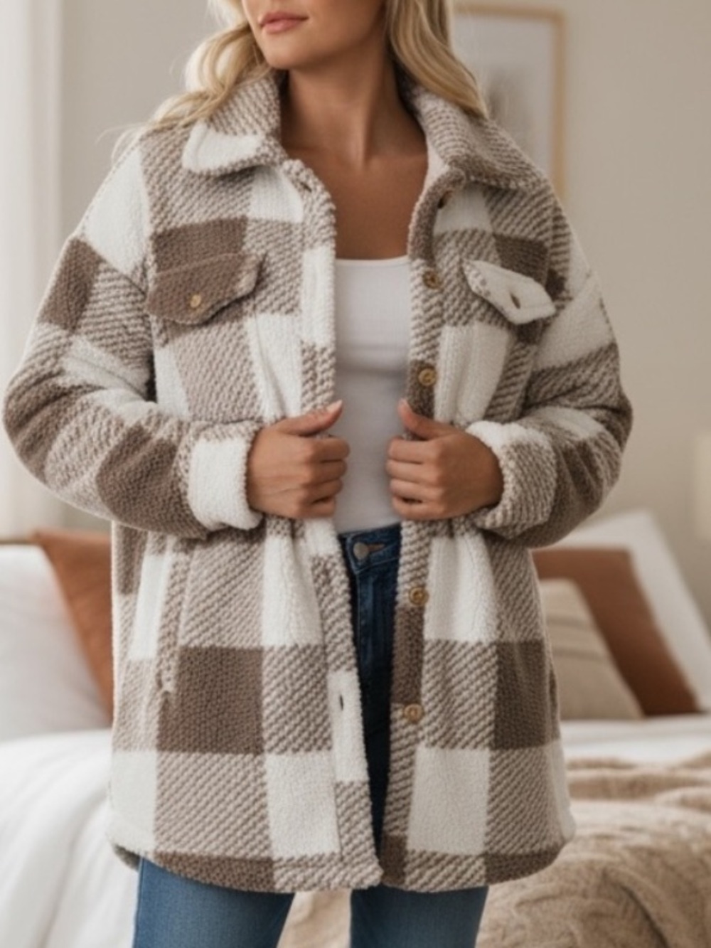NEW•L-XL•Soul Sunrise Essential Sherpa Soft Neutral Shacket W Buttons